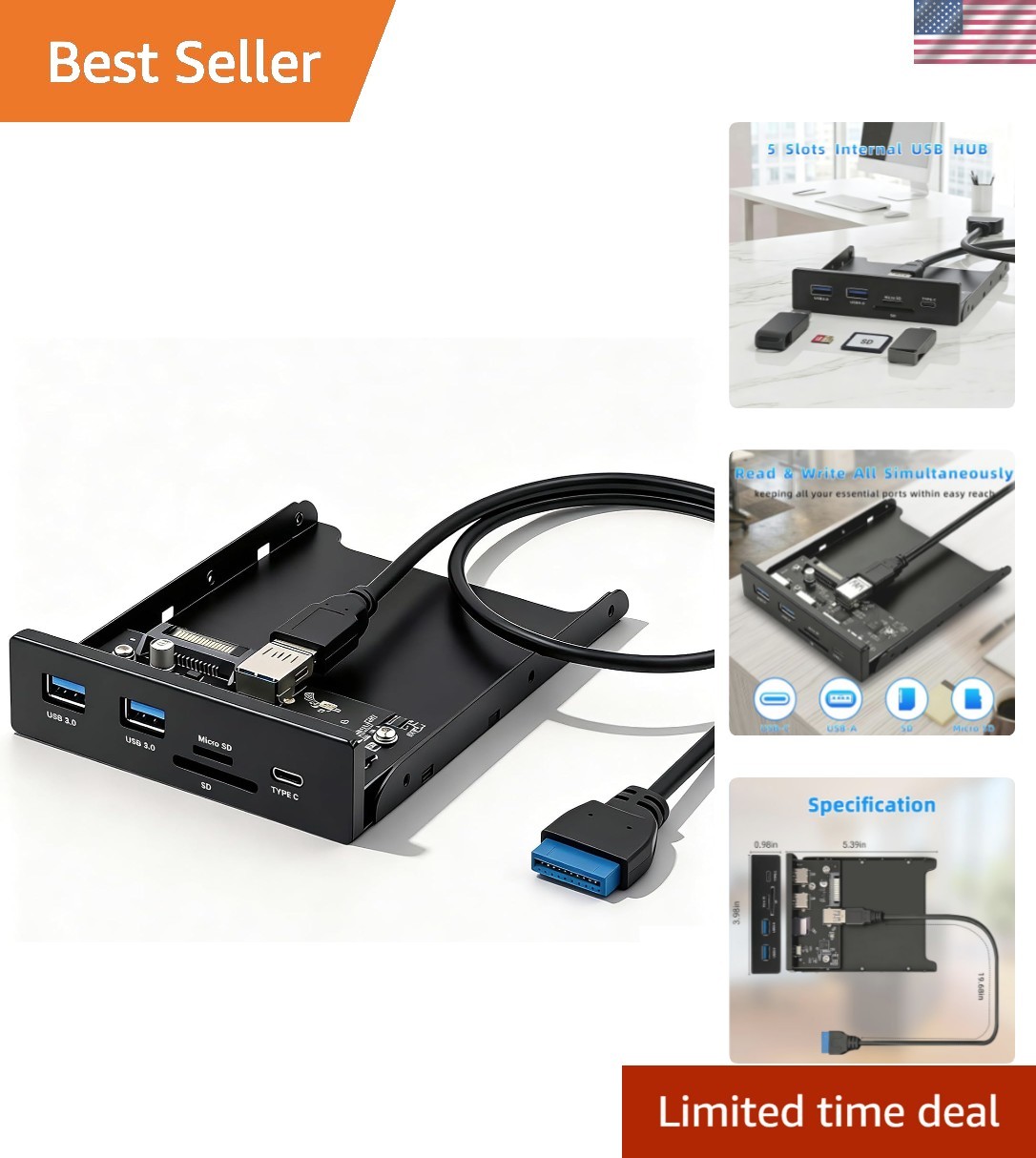 3.5 Inch Front Panel Hub, USB 3.0 Internal SD/microSD Card Reader with 2 USB-...