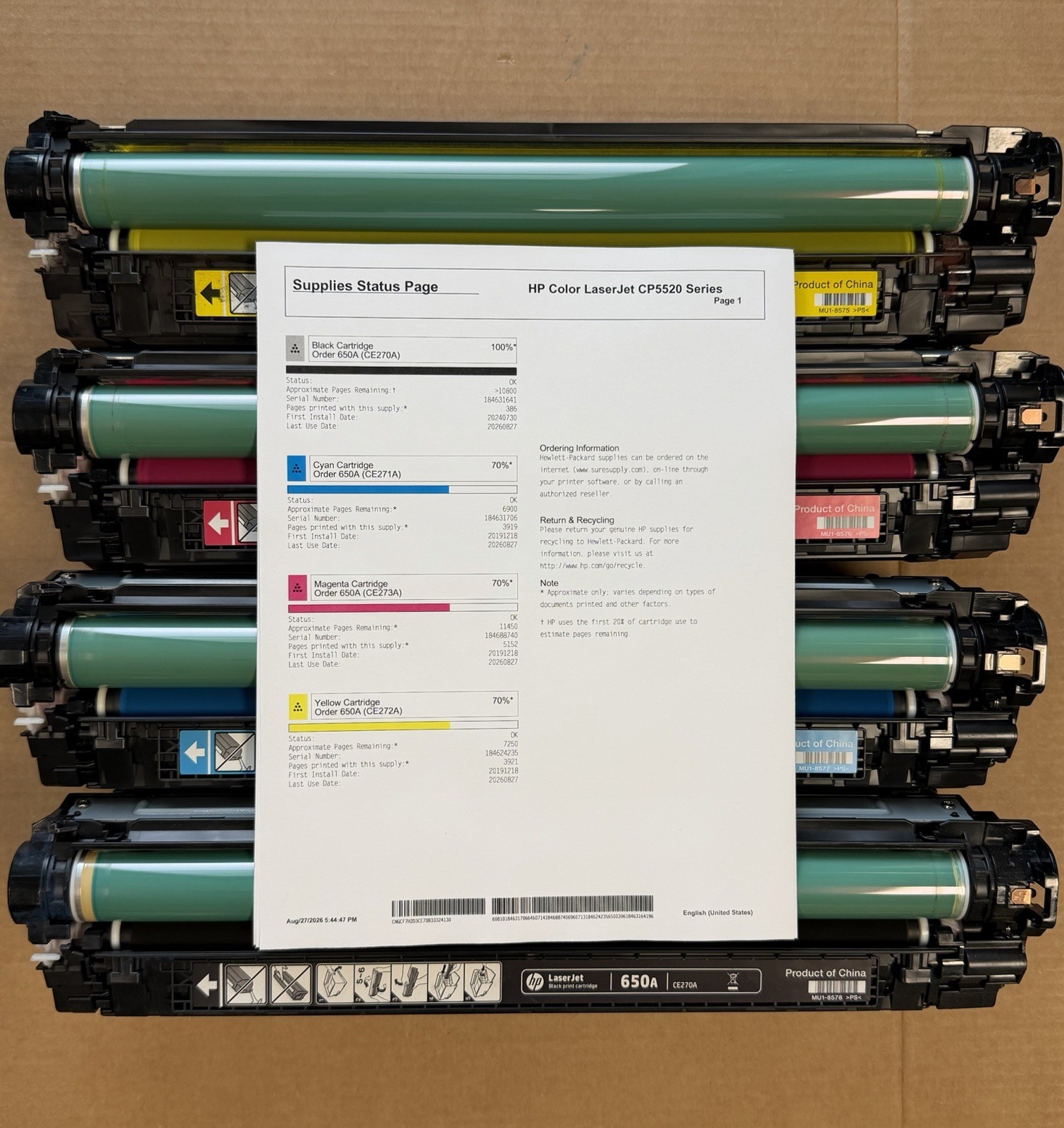 Genuine HP 650A Toner Set CE270A CE271A CE272A CE273A CP5520 OEM Color Black