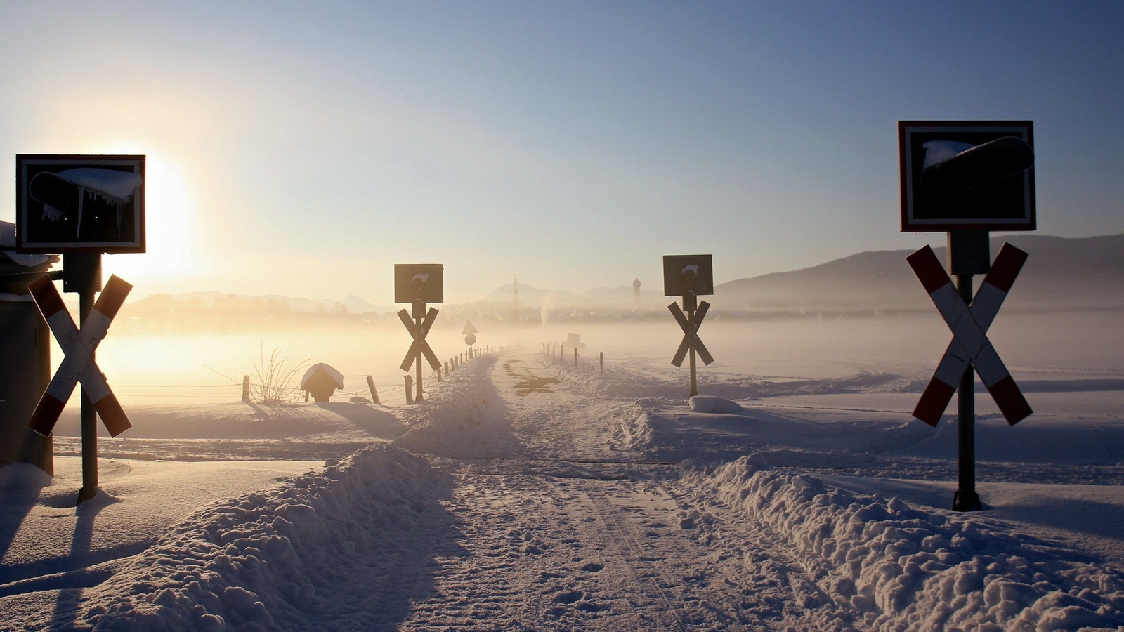 Landscape railway winter snow road mist cold ice Custom Gaming Mat Desk