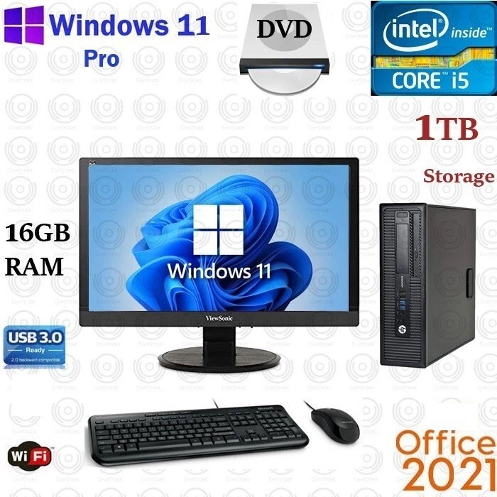 Windows 11 HP i5 3.2 ghz 1TB 16GB RAM 22" LCD WiFi Desktop Computer PC Office24