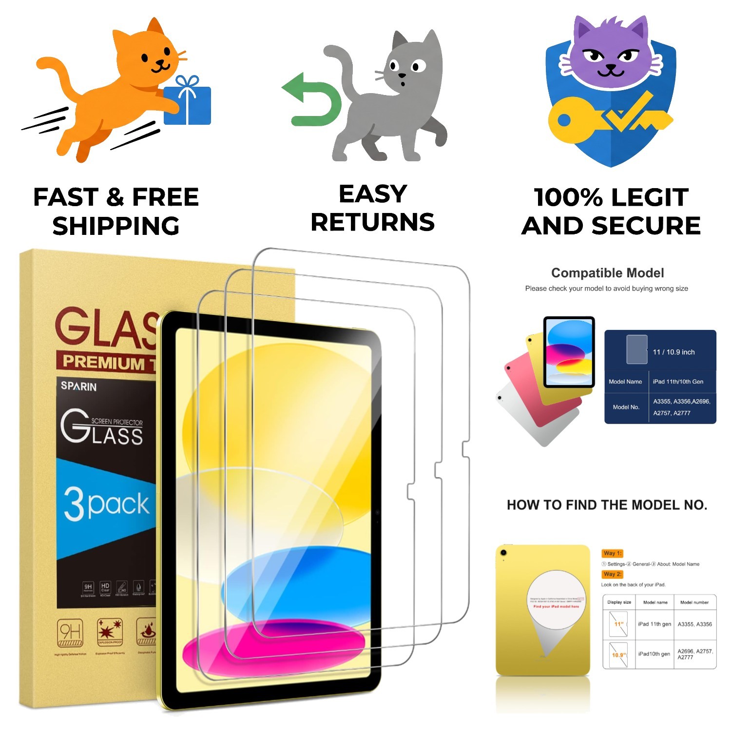 3-Pack 9H Tempered Glass iPad Screen Protector with Bubble-Free Installation Kit