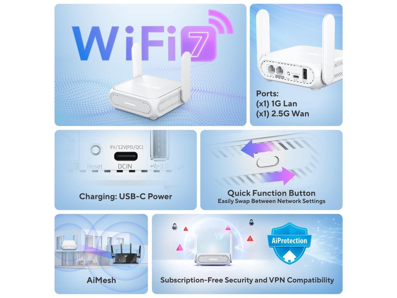 RT-BE58 Go Dual-band WiFi 7 Portable Travel Router, 3600 Mbps, 4G/5G ASUS