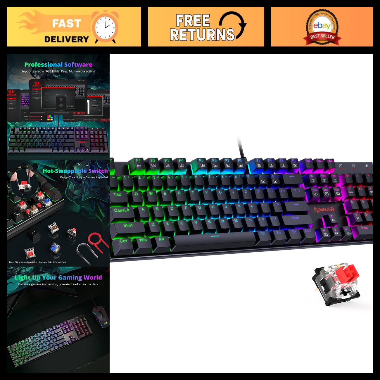 Mechanical Gaming Keyboard with RGB Backlit, Red Switches, Programmable, Anti-Gh