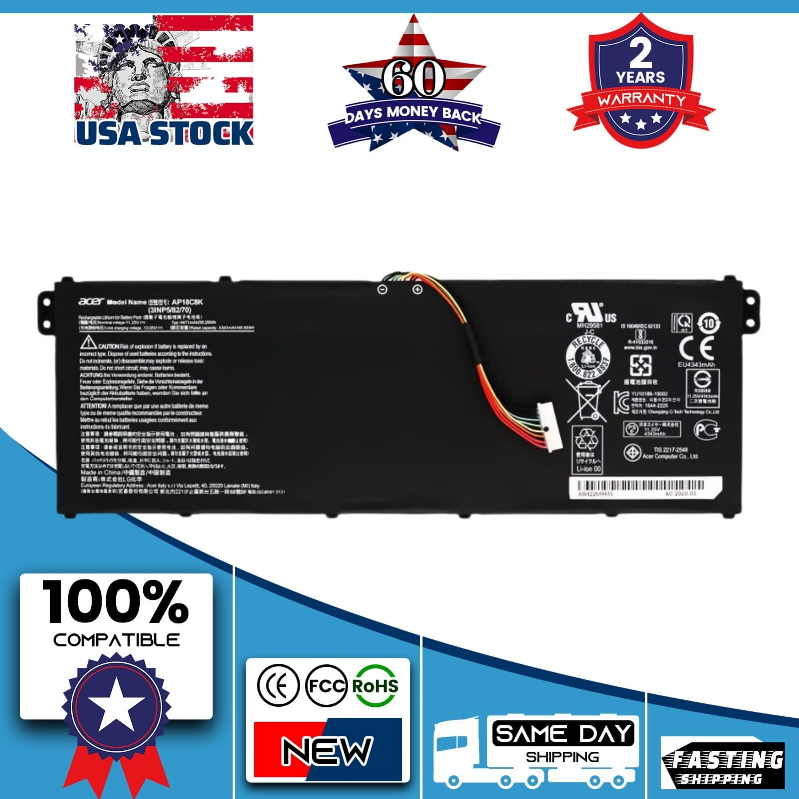 Genuine AP18C8K Battery For Acer Chromebook Spin CP713-2W 5 slim A515-54 A515-43