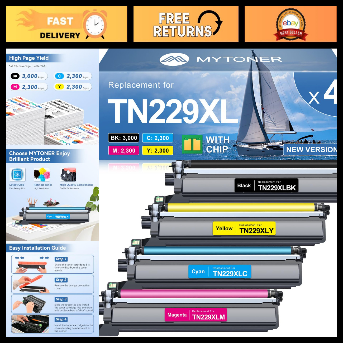 High-Yield Toner Cartridges 4 Pack for MFC-L3780CDW, MFC-L3720CDW - Compatible,