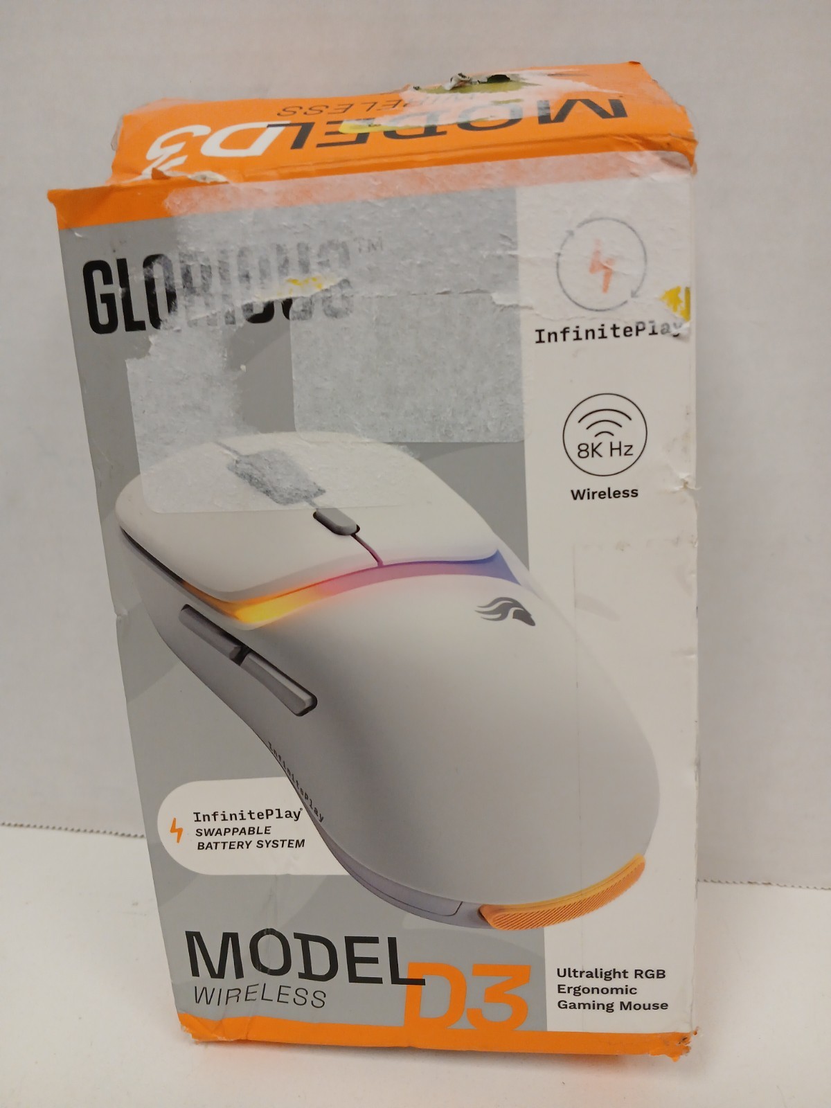Glorious Model D3 Wireless RGB Ergonomic Gaming Mouse, White  *NO DONGLE*