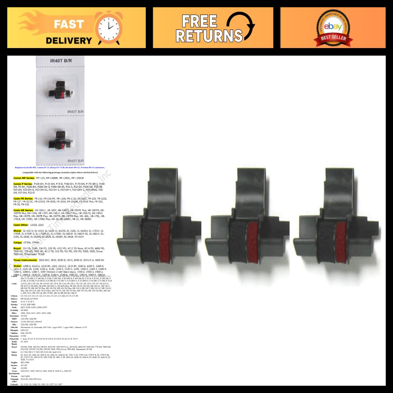 Calculator Ink Roller Replacement, Black/Red, 3-Pack, Compatible with IR40T CP13