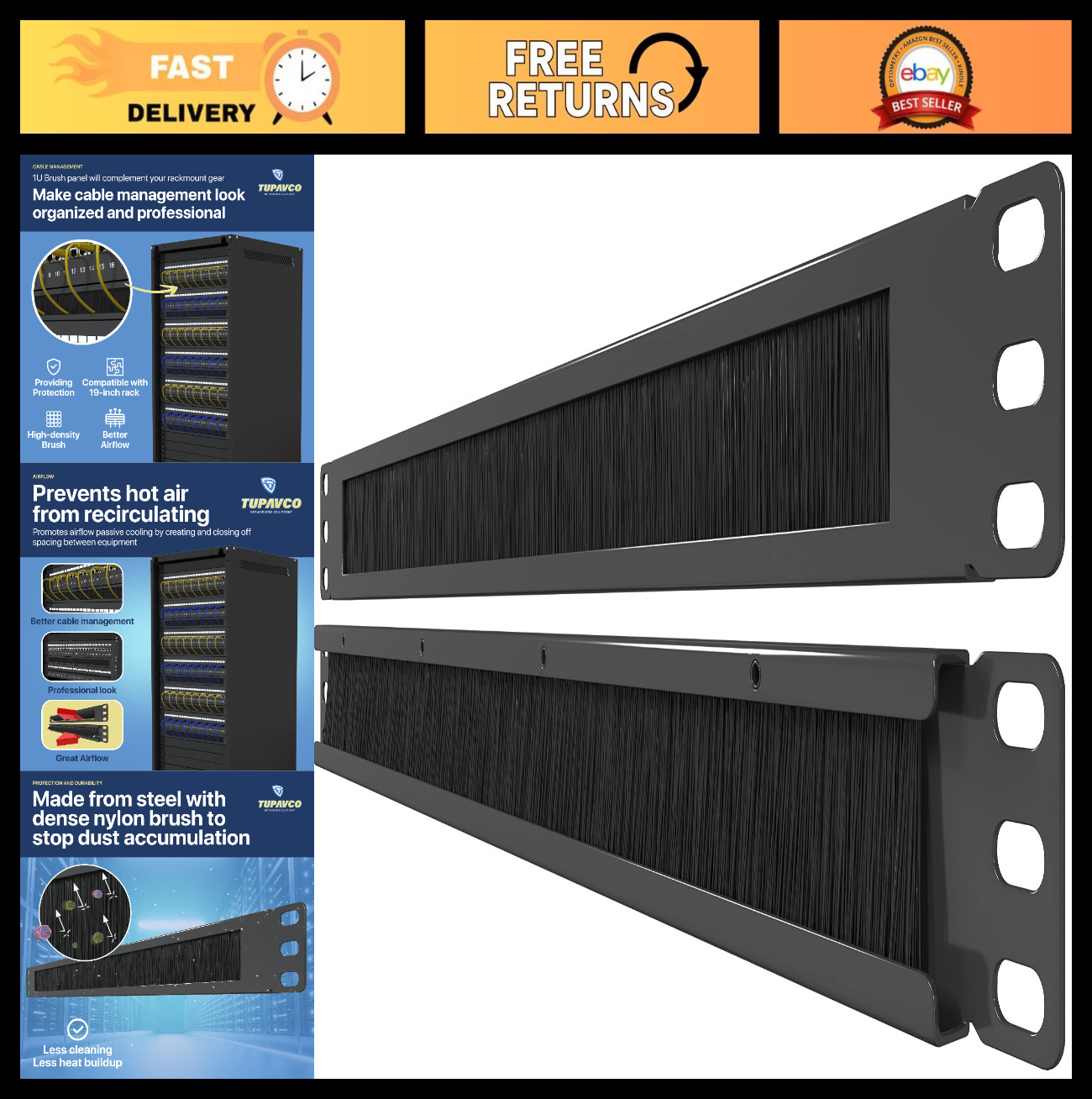 2 Pack 1U Brush Panel for 19" Rack Mount - Cable Management, Dust Prevention, Ai
