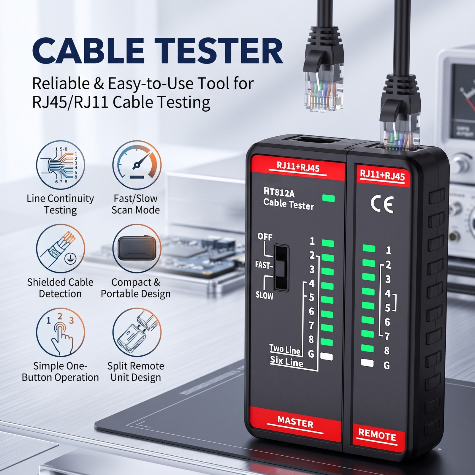 Adjustable Speed Network Cable Tester HT812A, RJ45 RJ11 LAN Wire Test Cat5/6/7