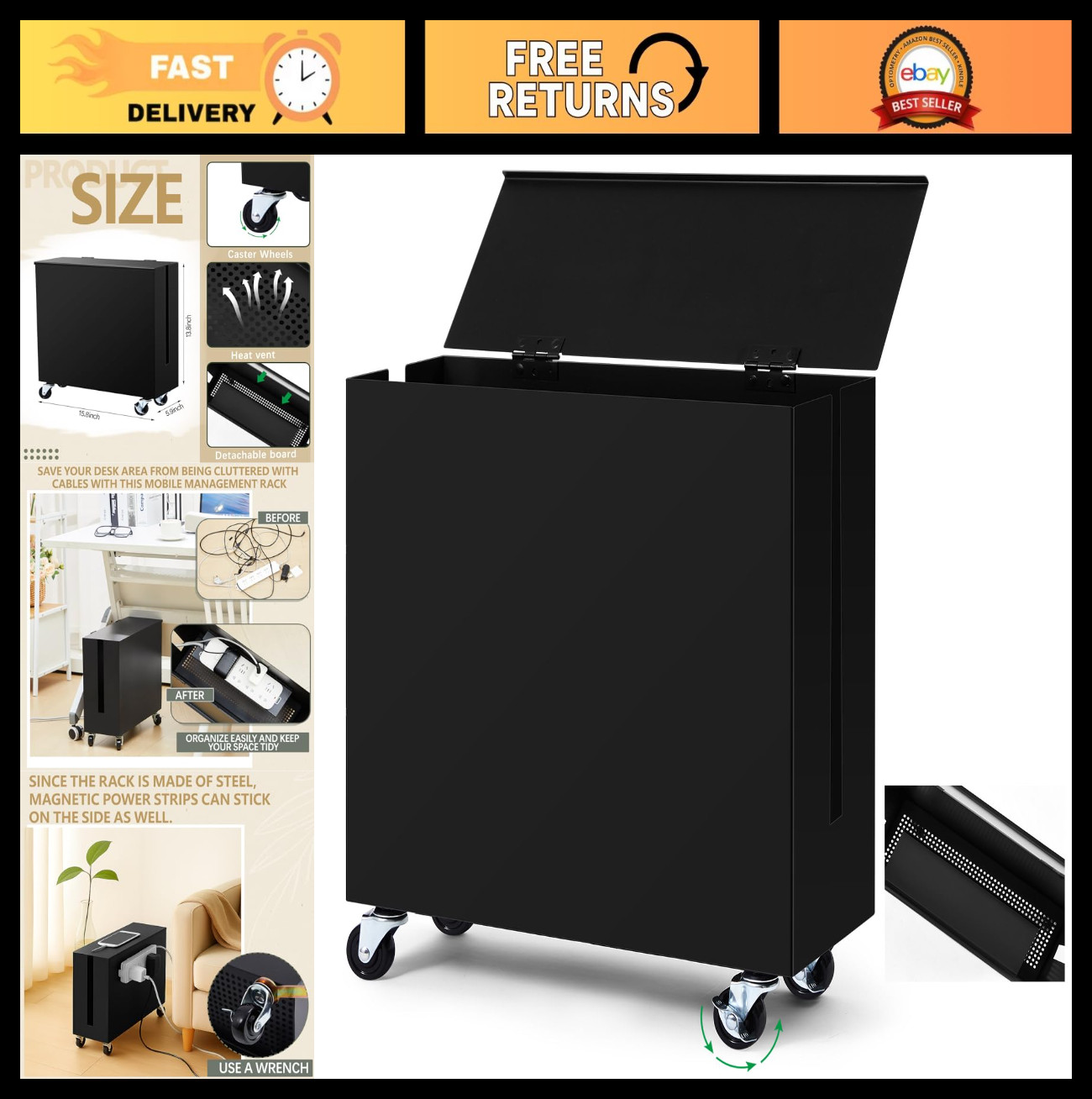 Extra Large Cable Management Box with Wheels - Adjustable Cord Hider for Power S