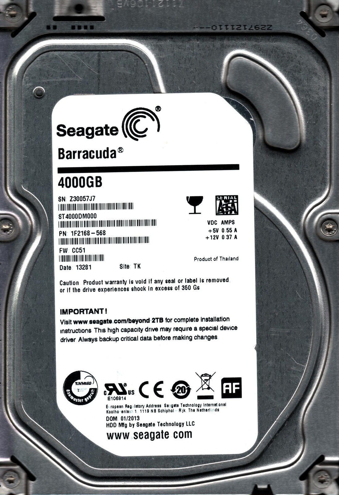 ST4000DM000 P/N: 1F2168-568 F/W: CC51 S/N: Z3005 4TB JAN 2013 THAILAND SEAGATE