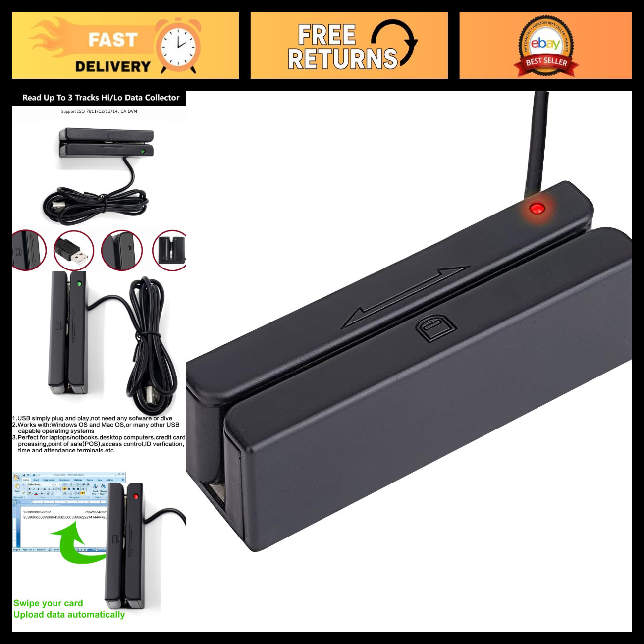 3-Track USB Magnetic Stripe Credit Card Reader - POS Magstripe Swiper for Paymen