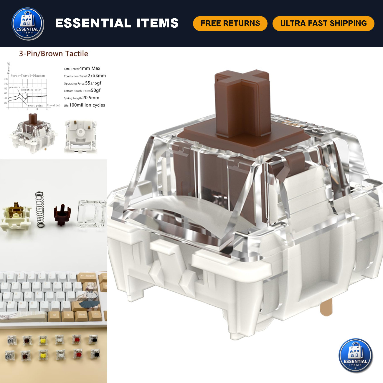 Mechanical Keyboard Brown Switches 3-Pin 55gf Tactile Feel, Pre-Lubed, 108pcs