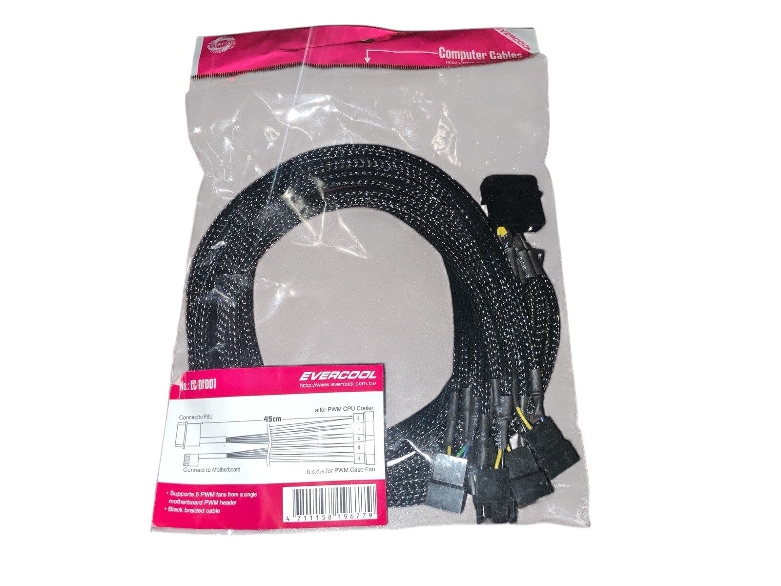 Evercool EC-DF001 4-Pin Molex PWM to 5 x PWM Computer Fan Power Y-Splitter Cable