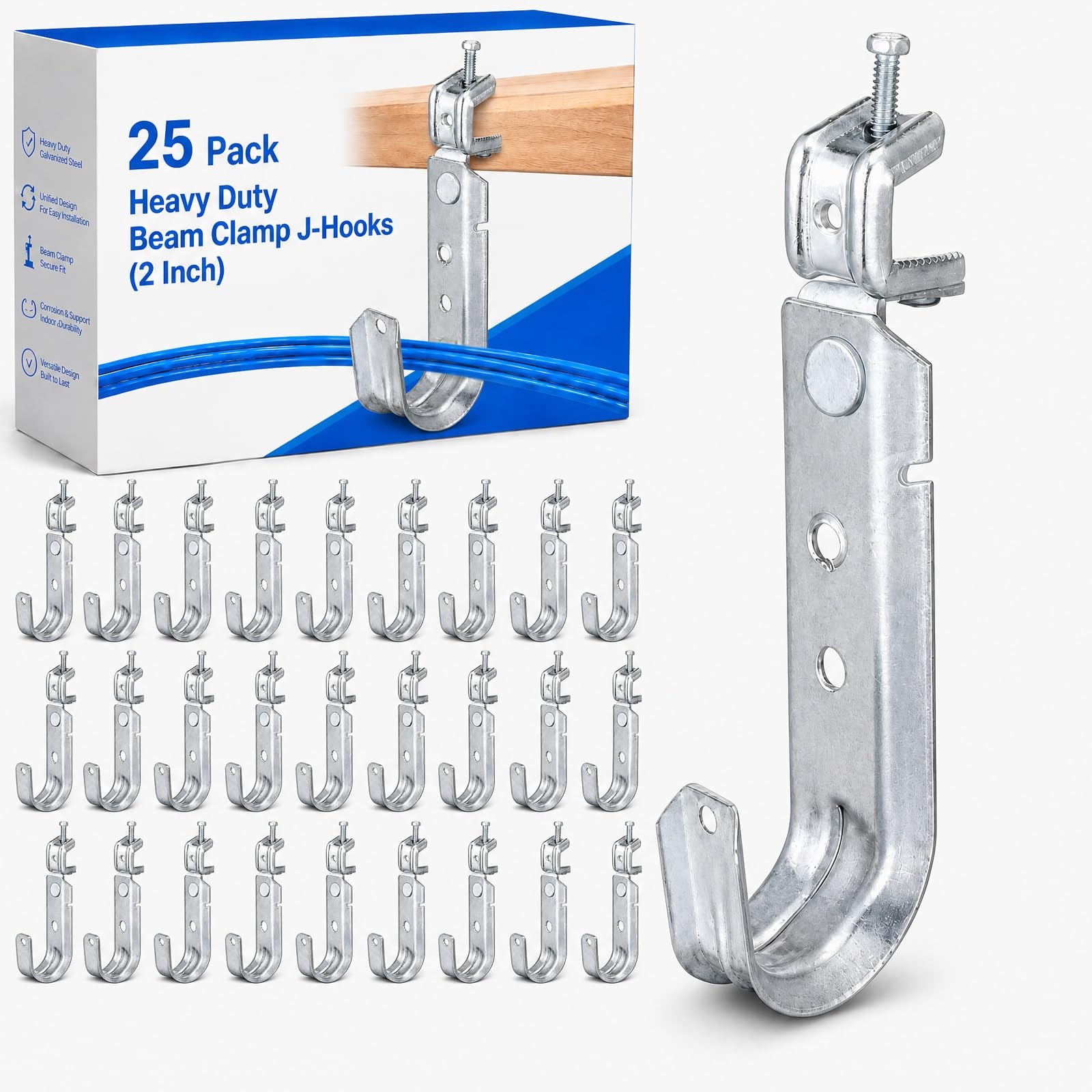 25 PCS Cable Support J Hook Beam Clamp 2 Inch Heavy Duty Metal Wire Management