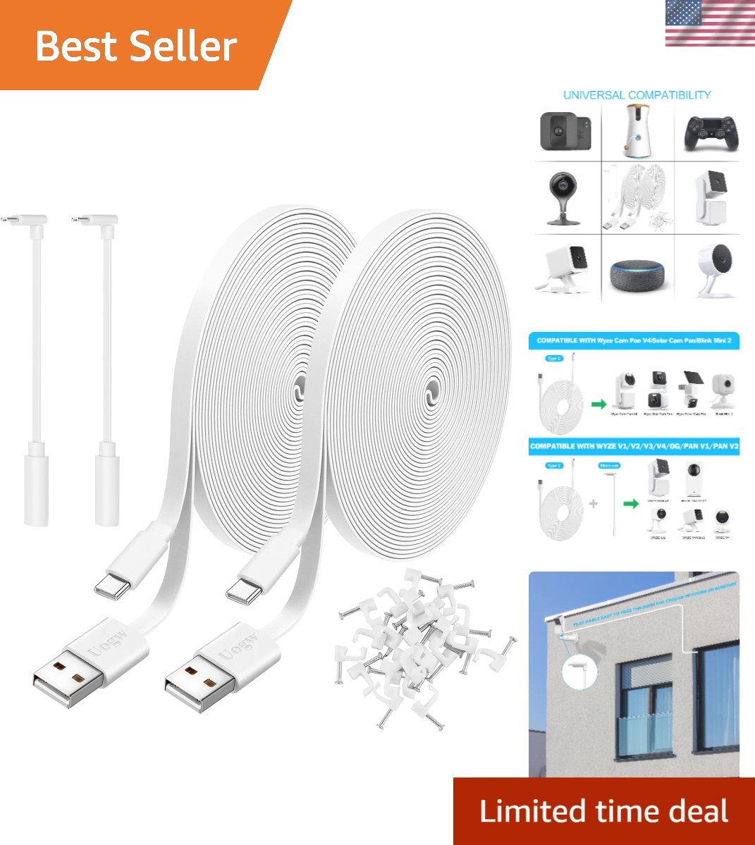 2 Pack 10FT USB A to C Power Extension Cable for Wyze Cam & Security Devices