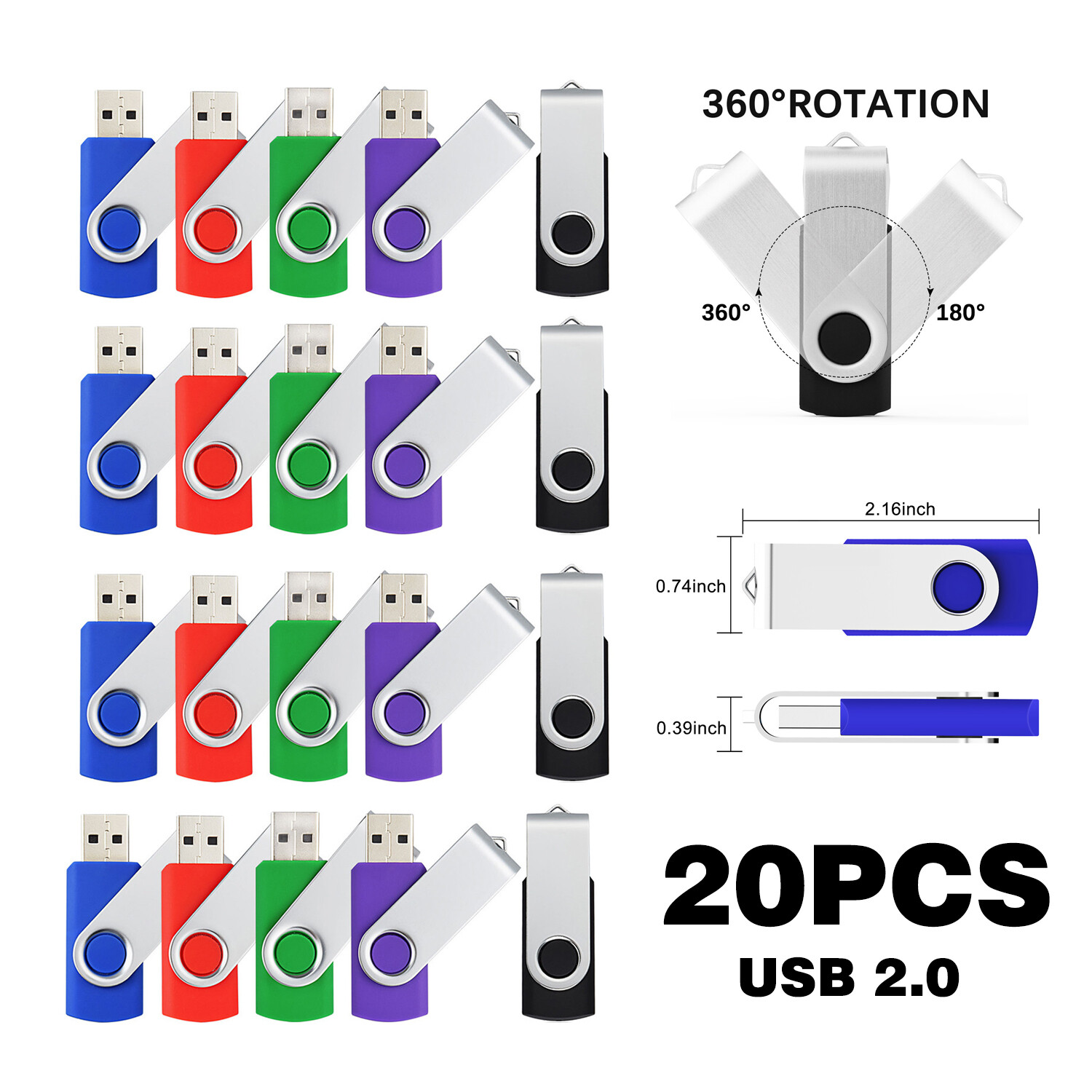 20PCS Swivel USB 2.0 Flash Drive Memory Stick Pen Drive 2G 4G 8G 16G 32G 64G Lot