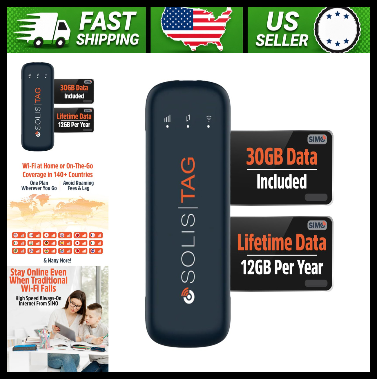 Solis USB-C Mobile WiFi Hotspot with 1GB Monthly + 30GB Global Data