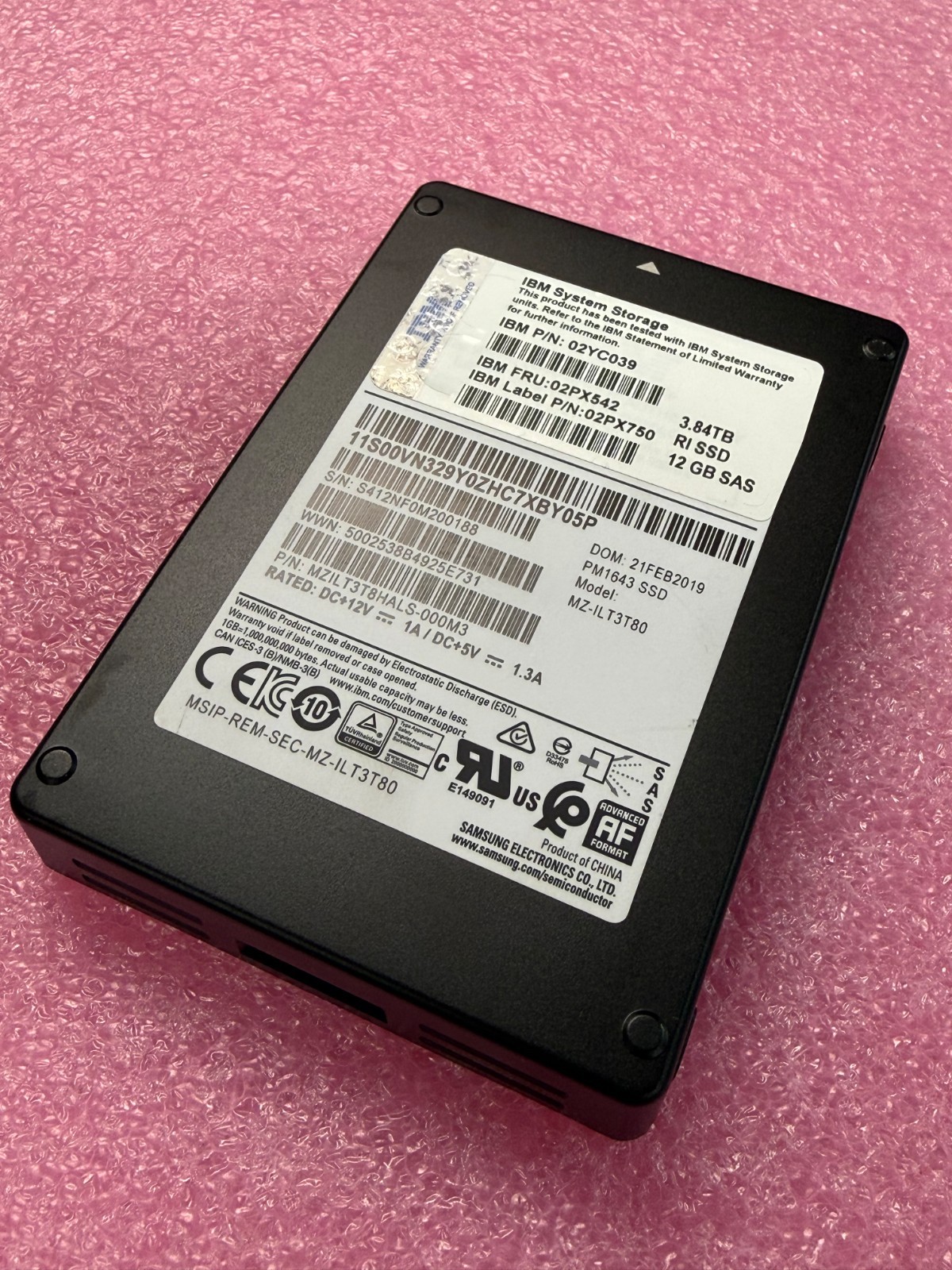Samsung PM1643 3.84TB SAS 12Gb/s 2.5" SSD IBM 02YC039 MZILT3T8HALS 512n Tested