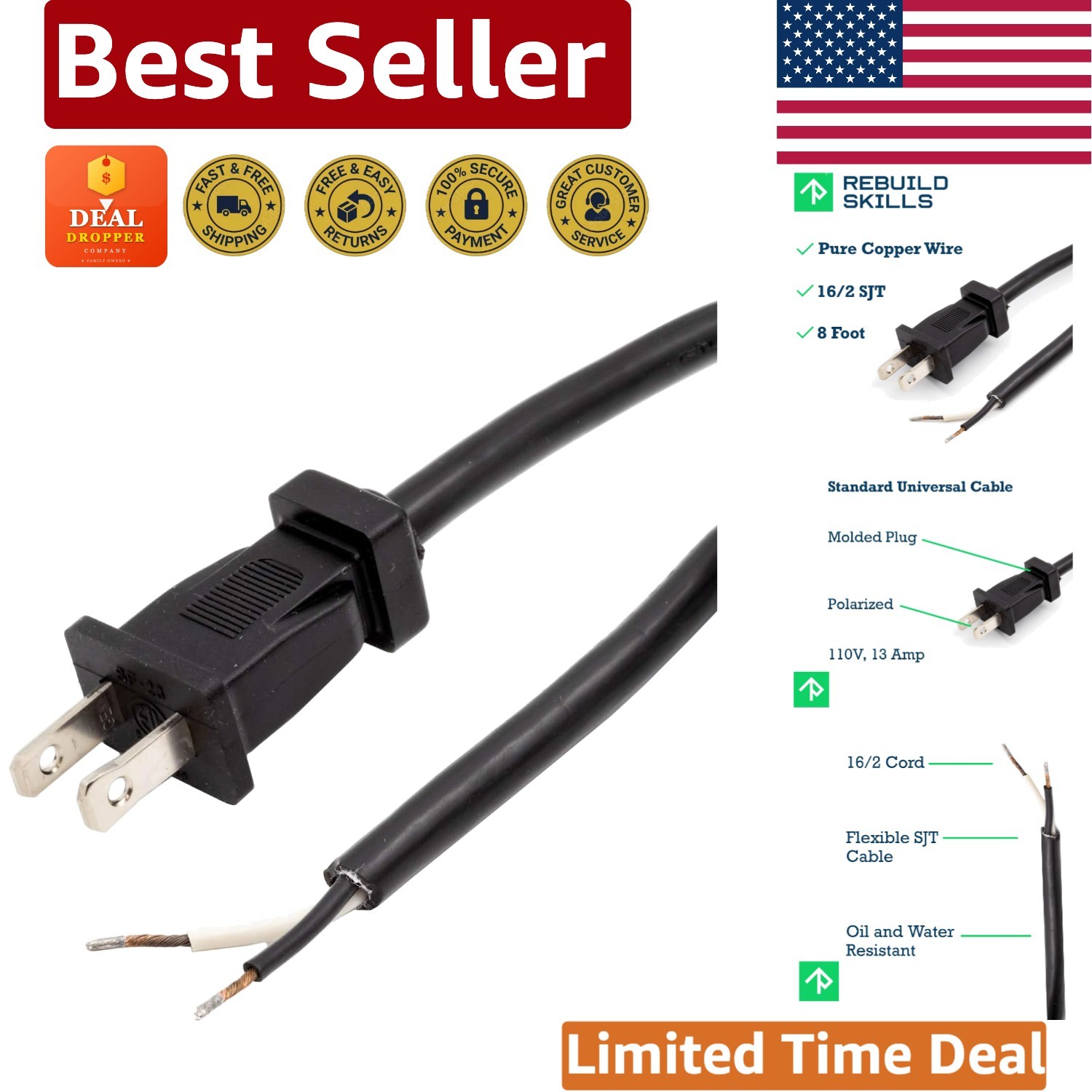 Versatile 8ft Power Cord for Drills, Saws & Vacuums - Male to Stripped Ends
