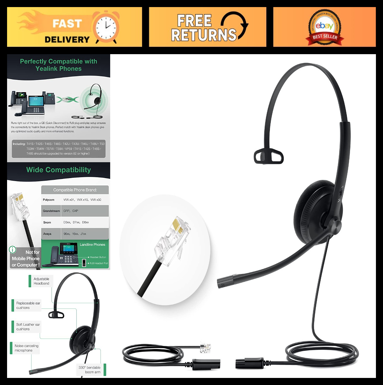 Wired Office Headset Mono with Microphone, QD to RJ9, Compatible with Poly, Snom