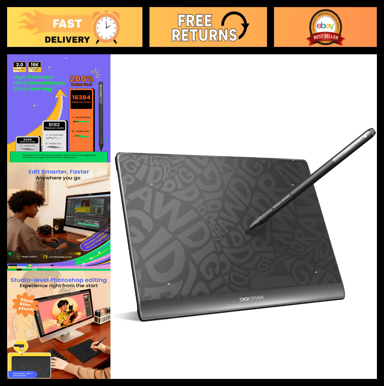 6x4 Inch Drawing Tablet, 16384 Levels Pressure Sensitivity, Battery-Free Stylus