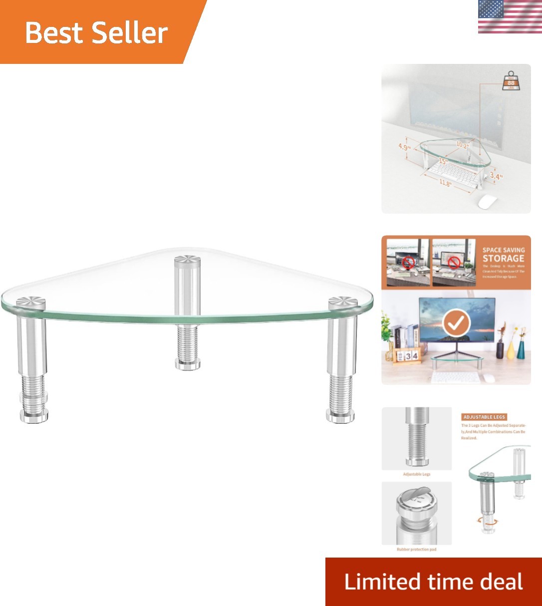 Clear Glass Computer Monitor Riser / Triangle Desktop Universal Corner Stand ...