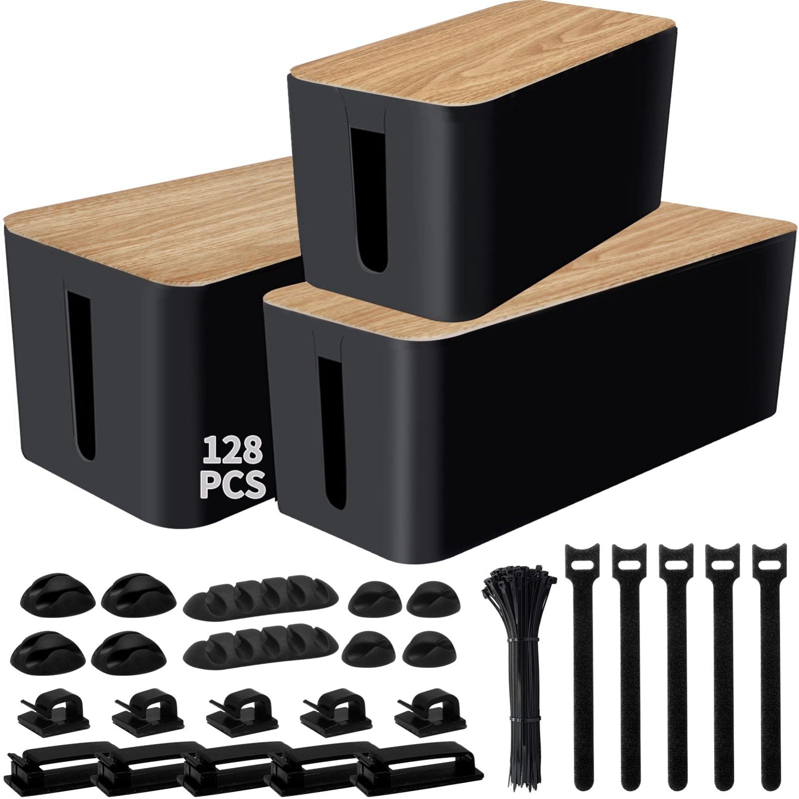 128PCS Cable Management Kit - 3 Pack Cord Organizer Box, Wire Hider for Home/Off