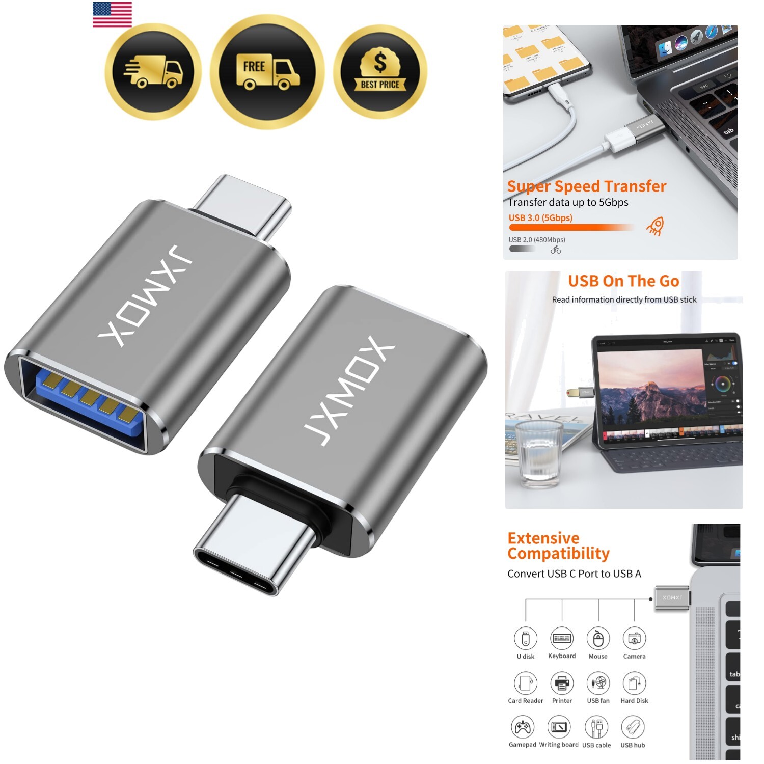 High-Speed USB C to USB Adapter 2-Pack - Reversible Design for Versatility