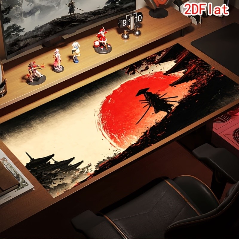 1pc Mouse Pad with Red Moon Samurai Silhouette Design, Durable Extra-Large Non