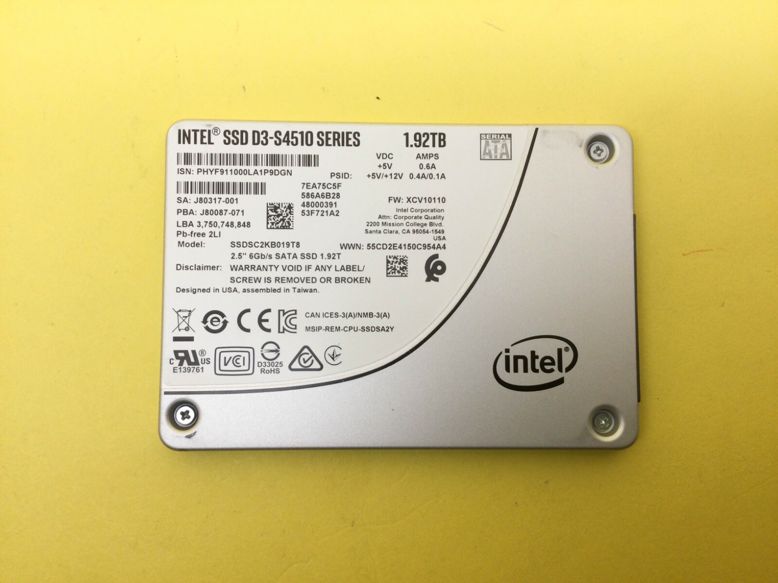 Intel D3 S4510 Series 1.92TB SATA 6Gb/s 2.5'' Internal SSD SSDSC2KB019T8