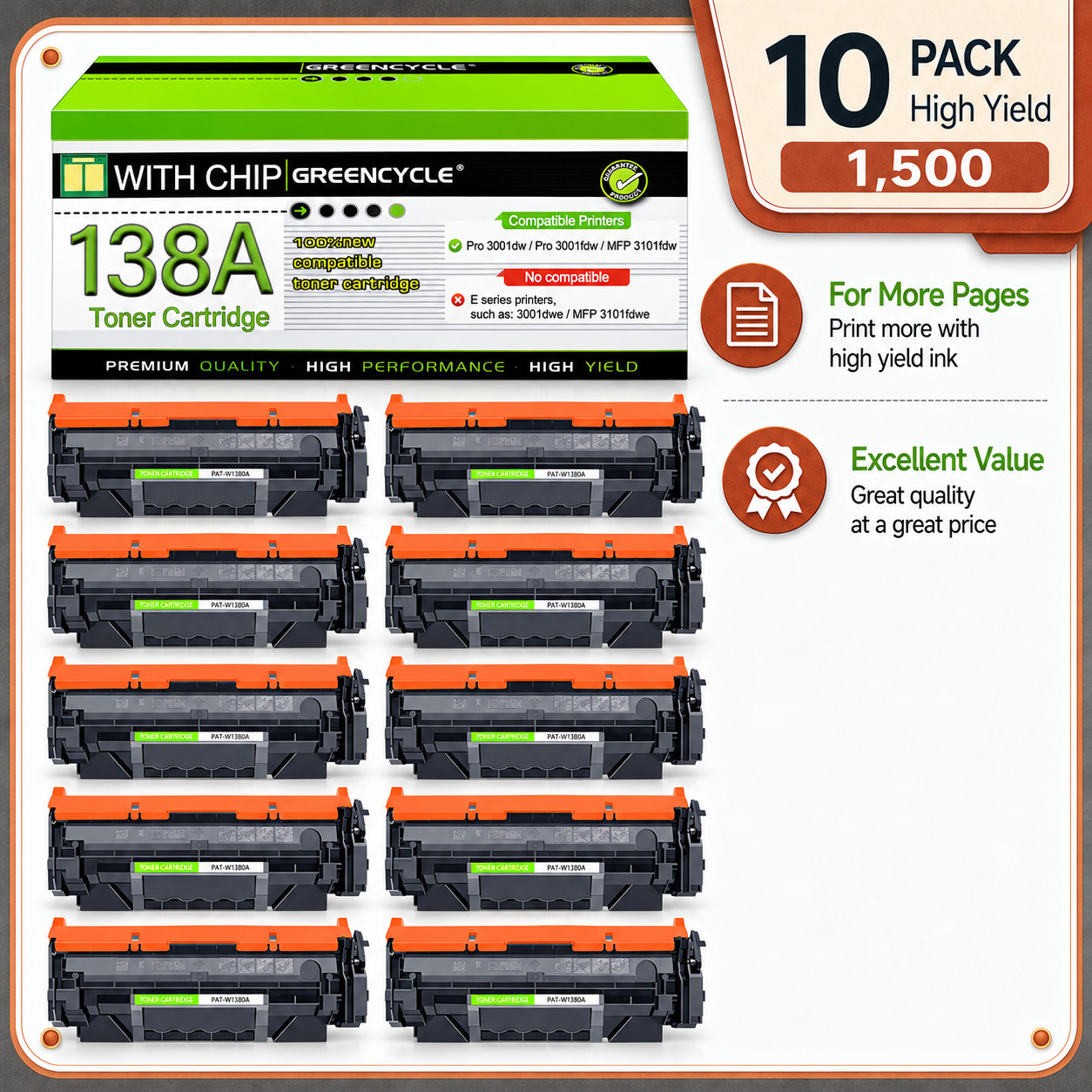10PK W1380A Toner with Chip For 138A HP LaserJet Pro 3001dw 3001fdw MFP 3101fdw