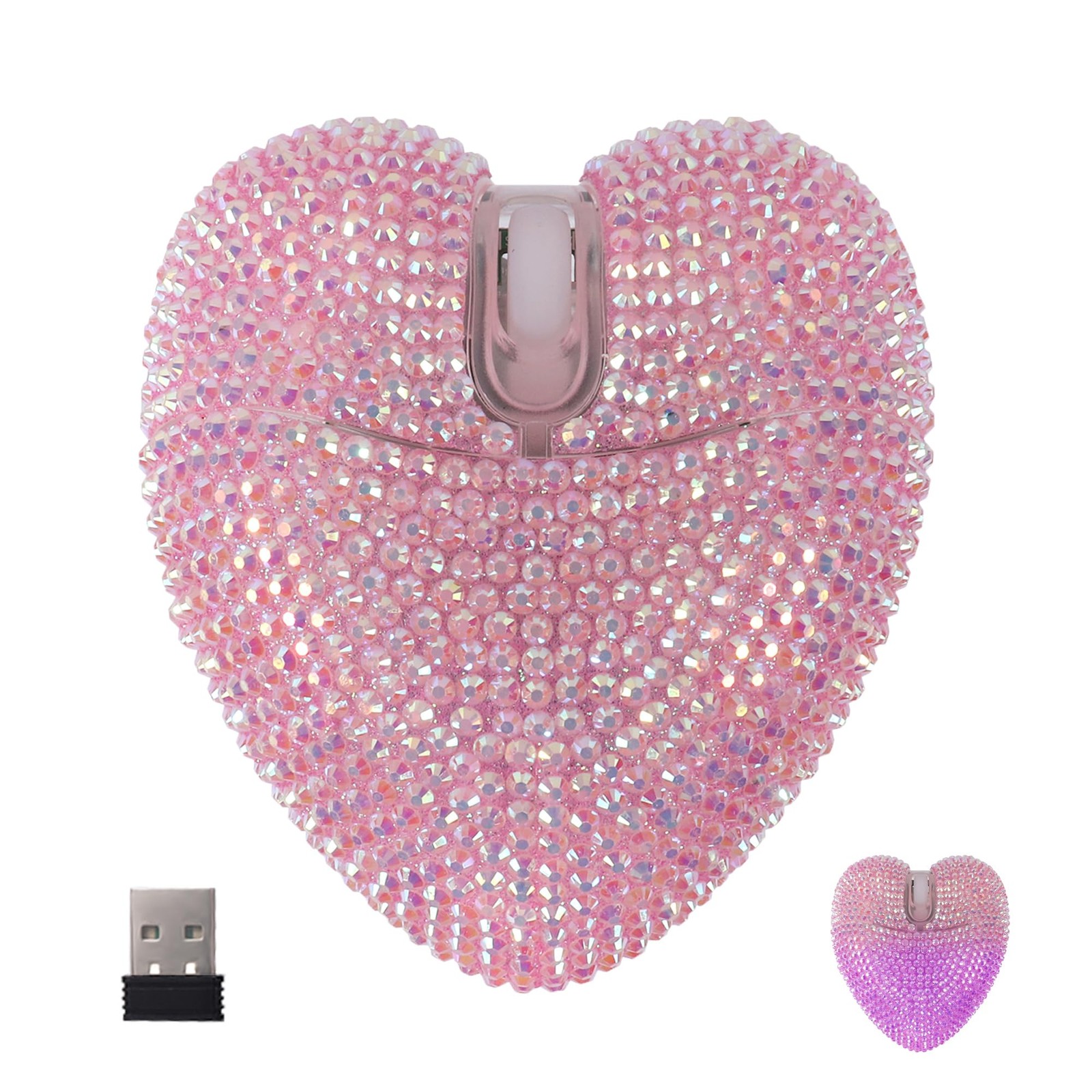 Wireless Mouse Bluetooth Cute Bling Crystal Rhinestone Pink Heart Shape Compu...