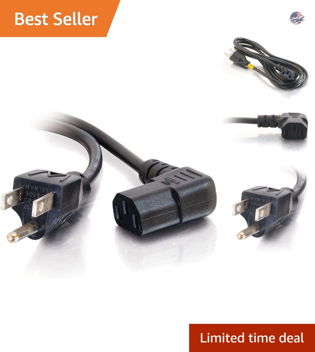 Right Angle 10ft Power Cord with 18 AWG Heavy-Duty Design for Tight Spaces