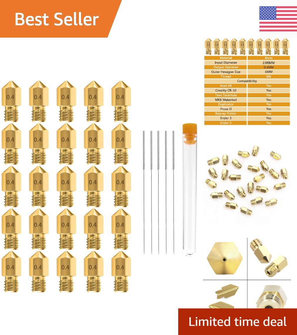 High-Quality 3D Printer Nozzle Set - 25 Pcs Brass with 5 Steel Needles Included