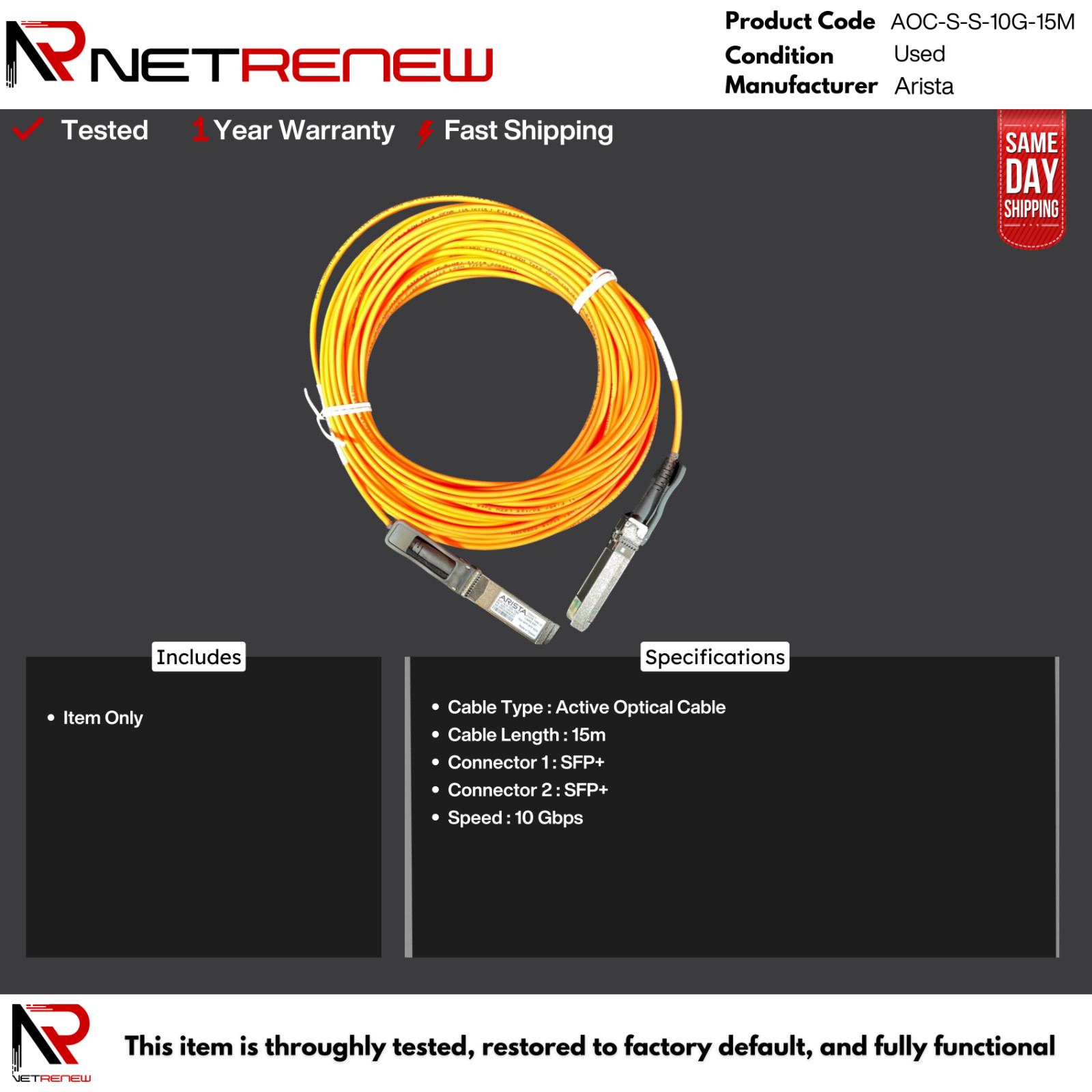 Arista Geniune Networks AOC-S-S-10G-15M 10G SFP+ Optical Cable