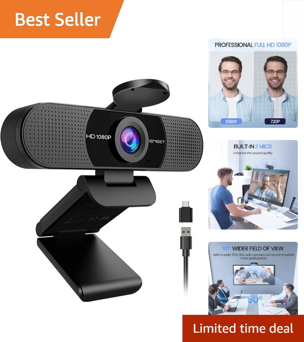 Professional 1080P USB Webcam with Dual Mics & Wide FOV for Video Conferencing