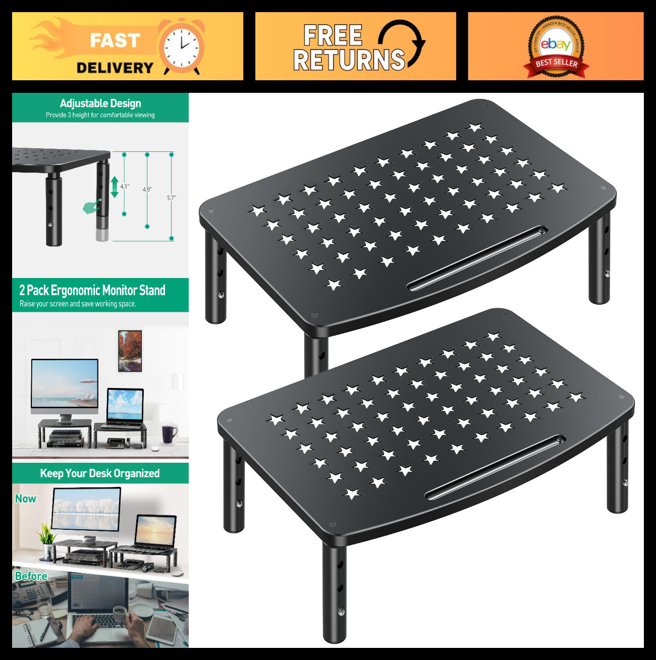 2 Pack Adjustable Monitor Stands Risers - Premium Metal for Laptop, PC, iMac