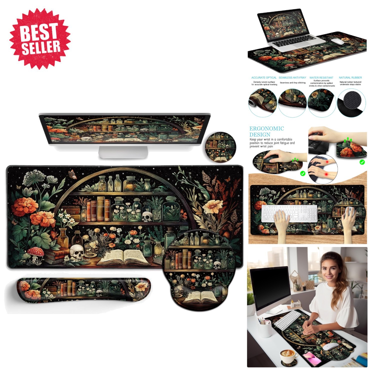 XXL Skull Mouse Pad with Wrist Rest - Gothic Themed Ergonomic Desk Accessories