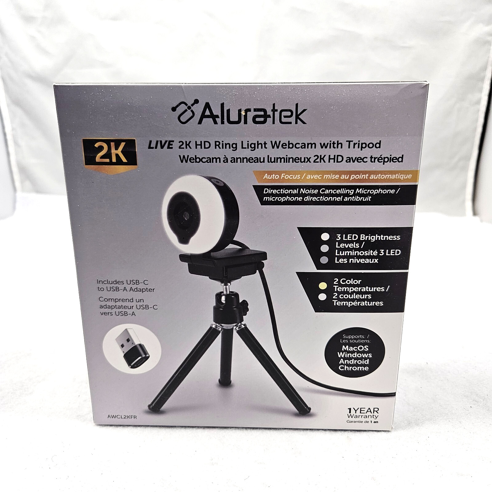 Aluratek LIVE 2K HD Ring Light Webcam with Tripod