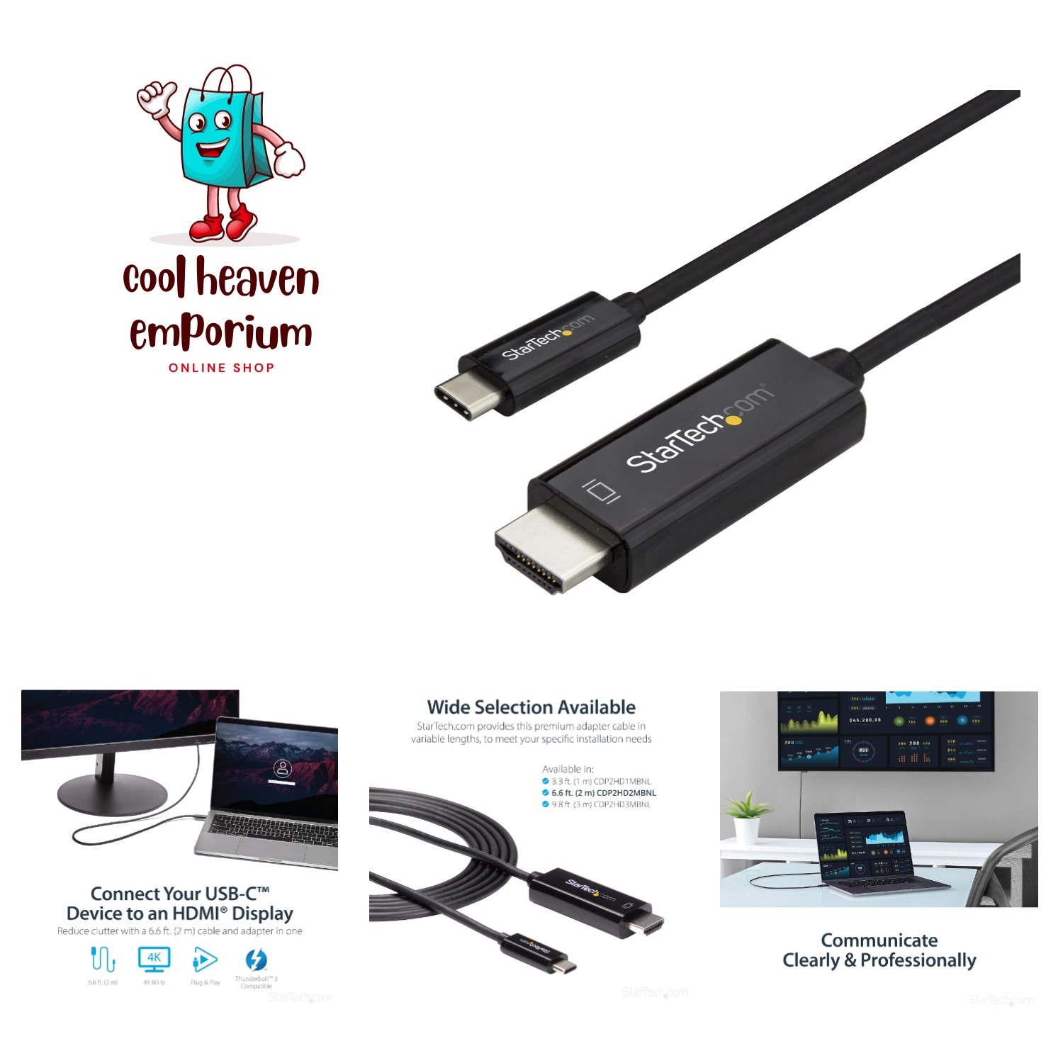 StarTech 6ft USB-C to HDMI 2.0 Cable | 4K 60Hz | Slim, Flexible Design, Black