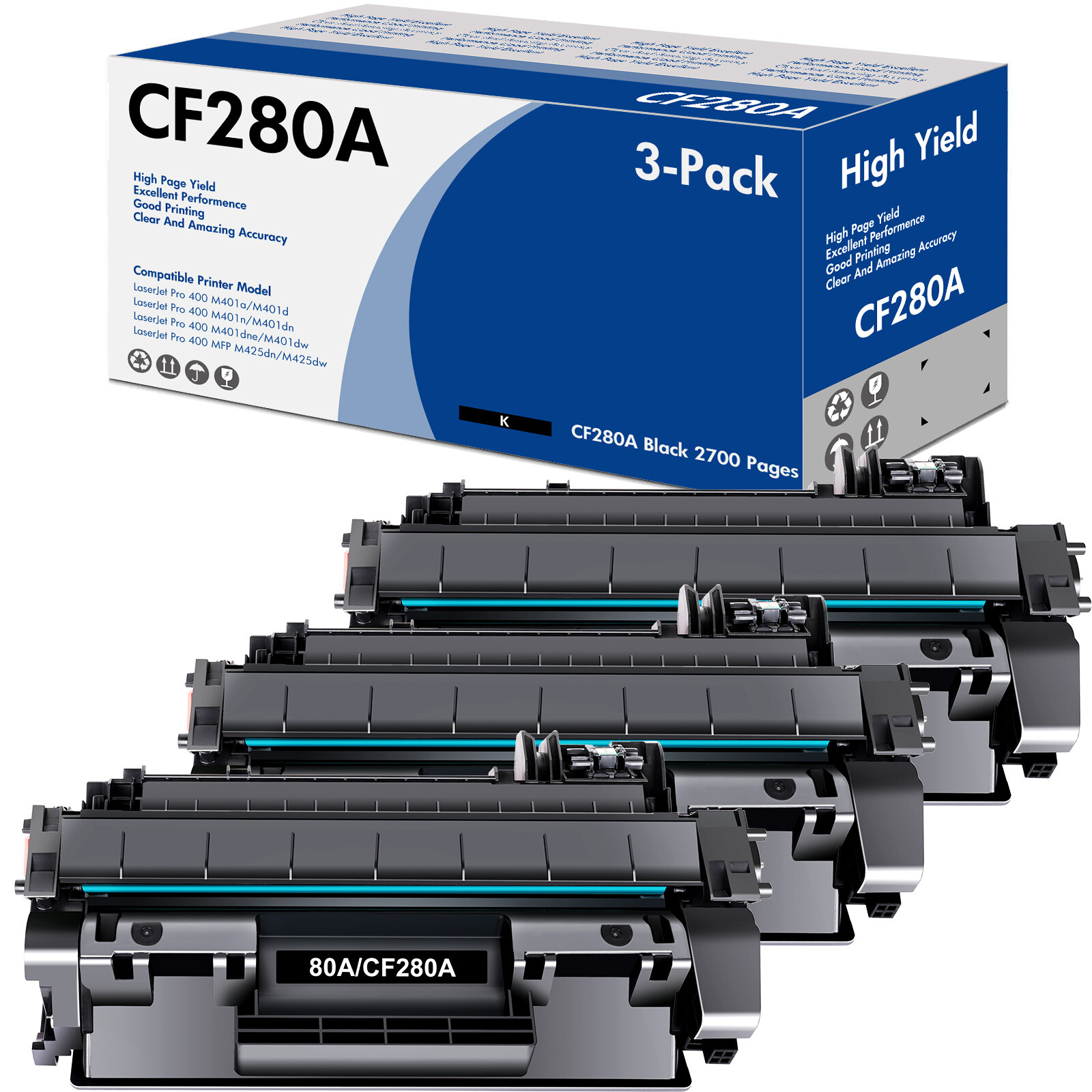 3x CF280A 80A Toner Compatible For HP LaserJet Pro 400 M401n M401dw MFP M425dw