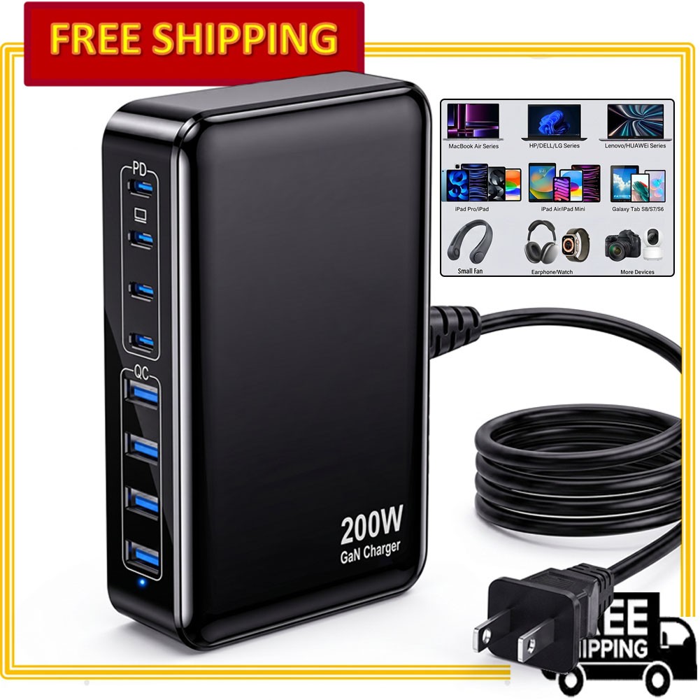 200W USB-C Charger Block 8-Port Charging Station GaN 65W Laptop Charger Adapter