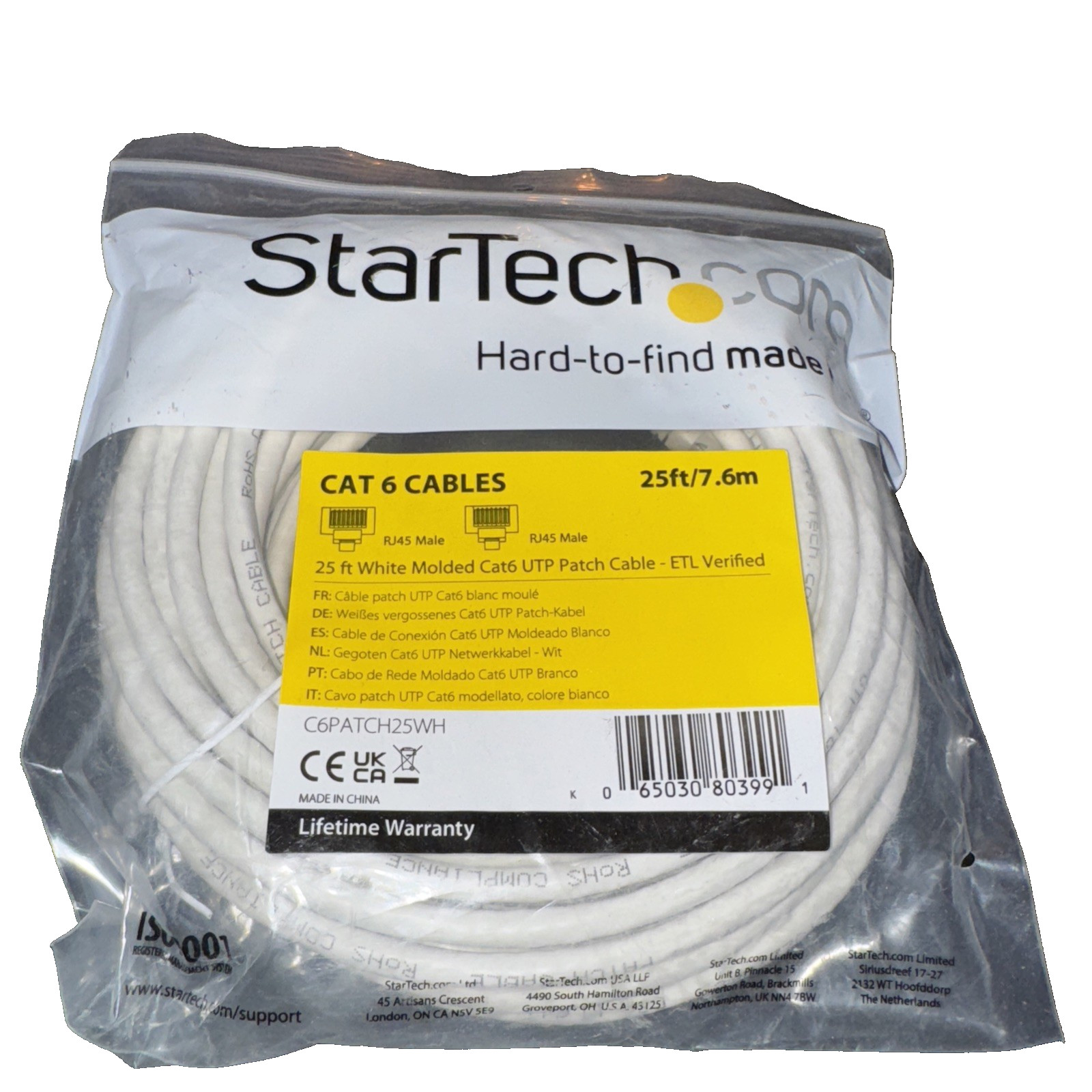 StarTech.com 25ft Cat6 Ethernet Cable White Gigabit 650MHz