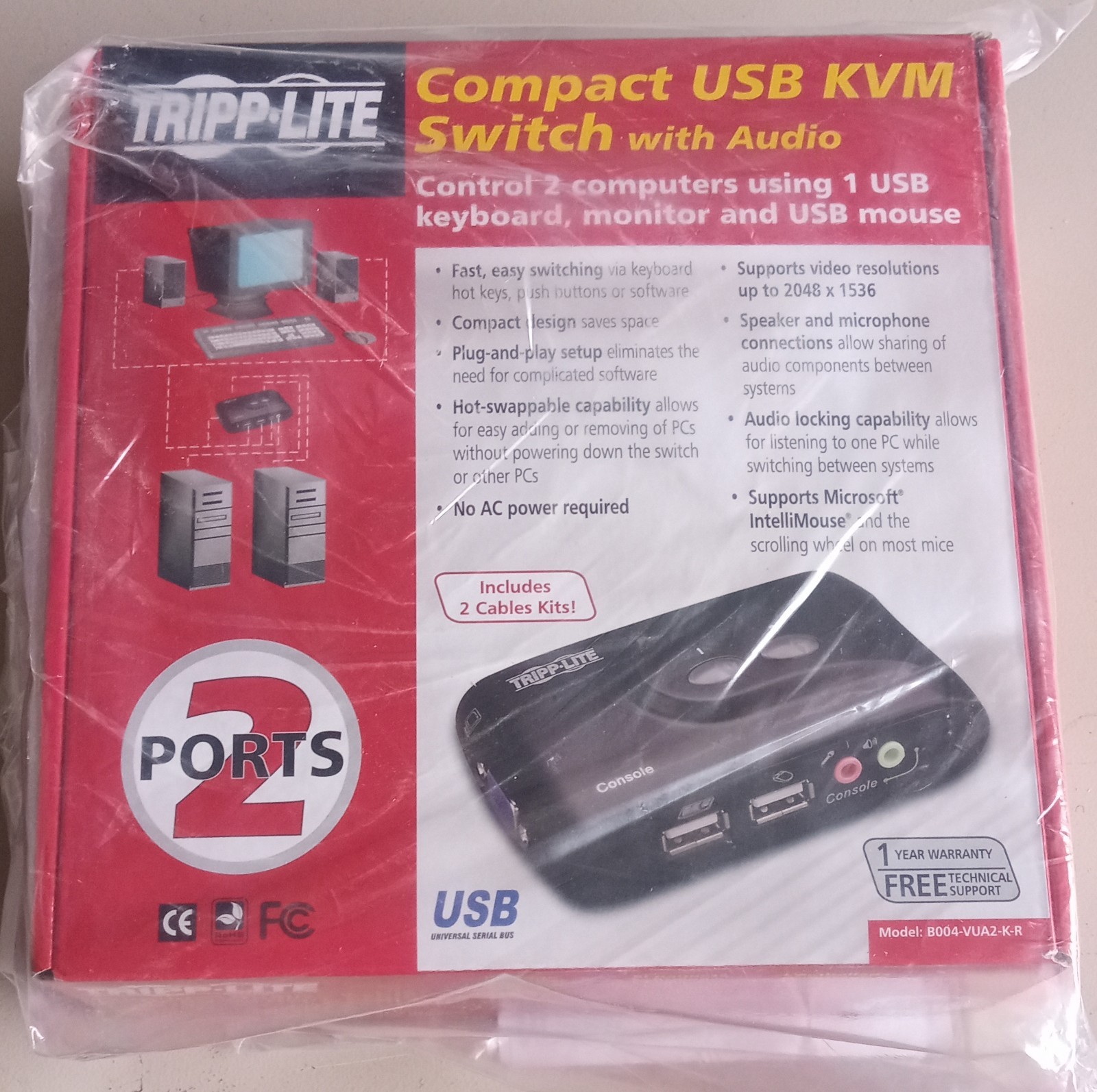 Tripp Lite Compact USB KVM Switch Box Audio 2 Ports Model B004-VUA2-K-R