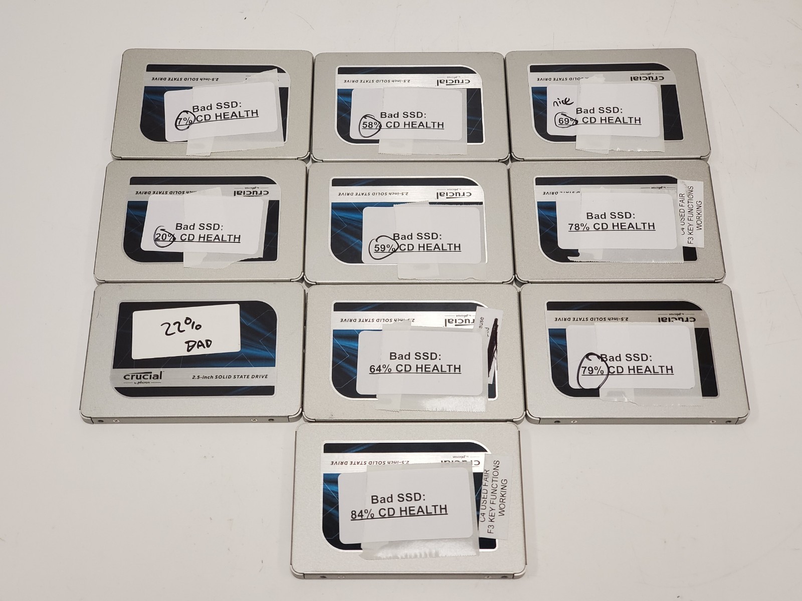 Lot of 10 Crucial MX500 1TB SSD 2.5" SATA 6Gb/s (CT1000MX500SSD1) *POOR HEALTH*