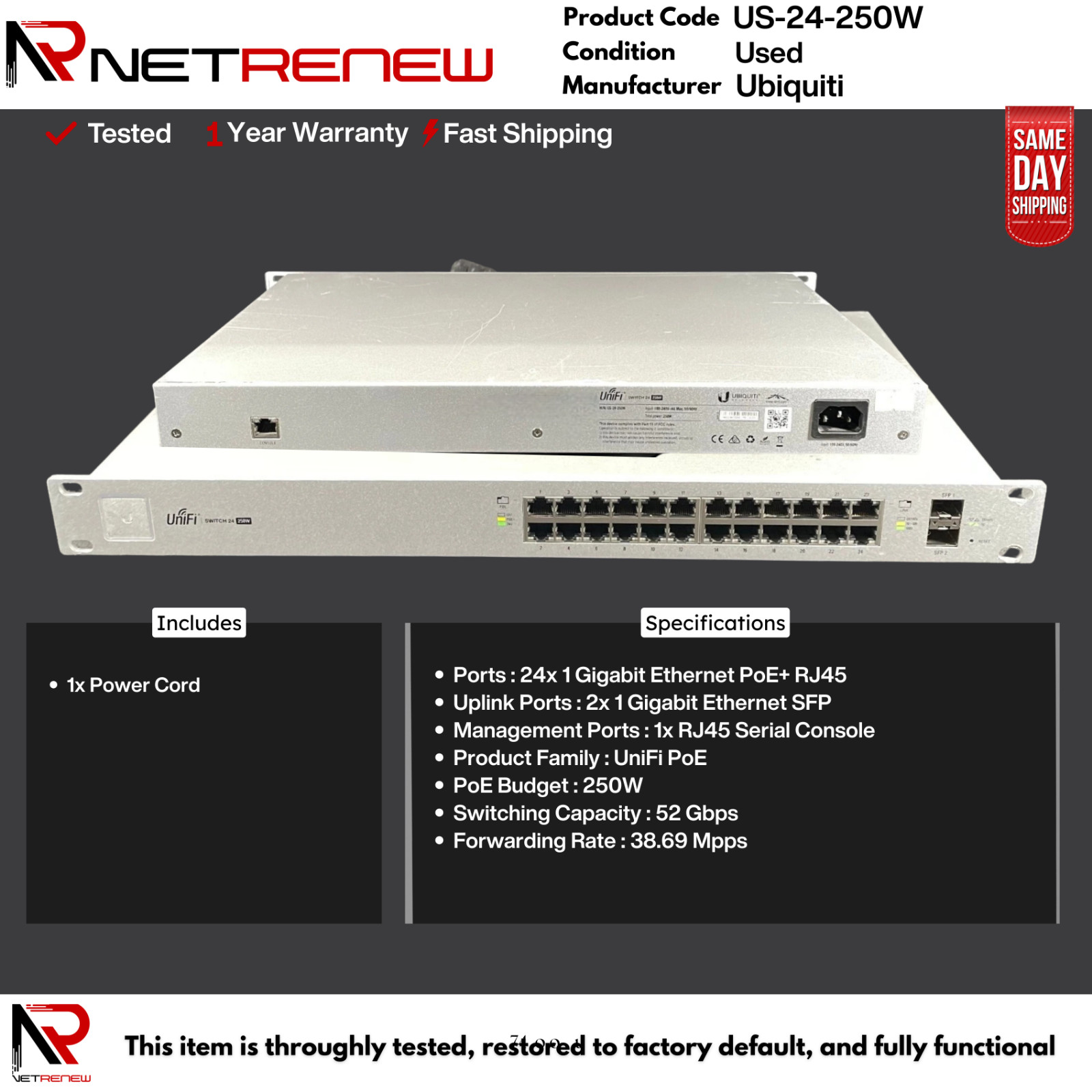 US-24-250W Ubiquiti UniFiManaged Gigabit PoE+ Switch 24 Port