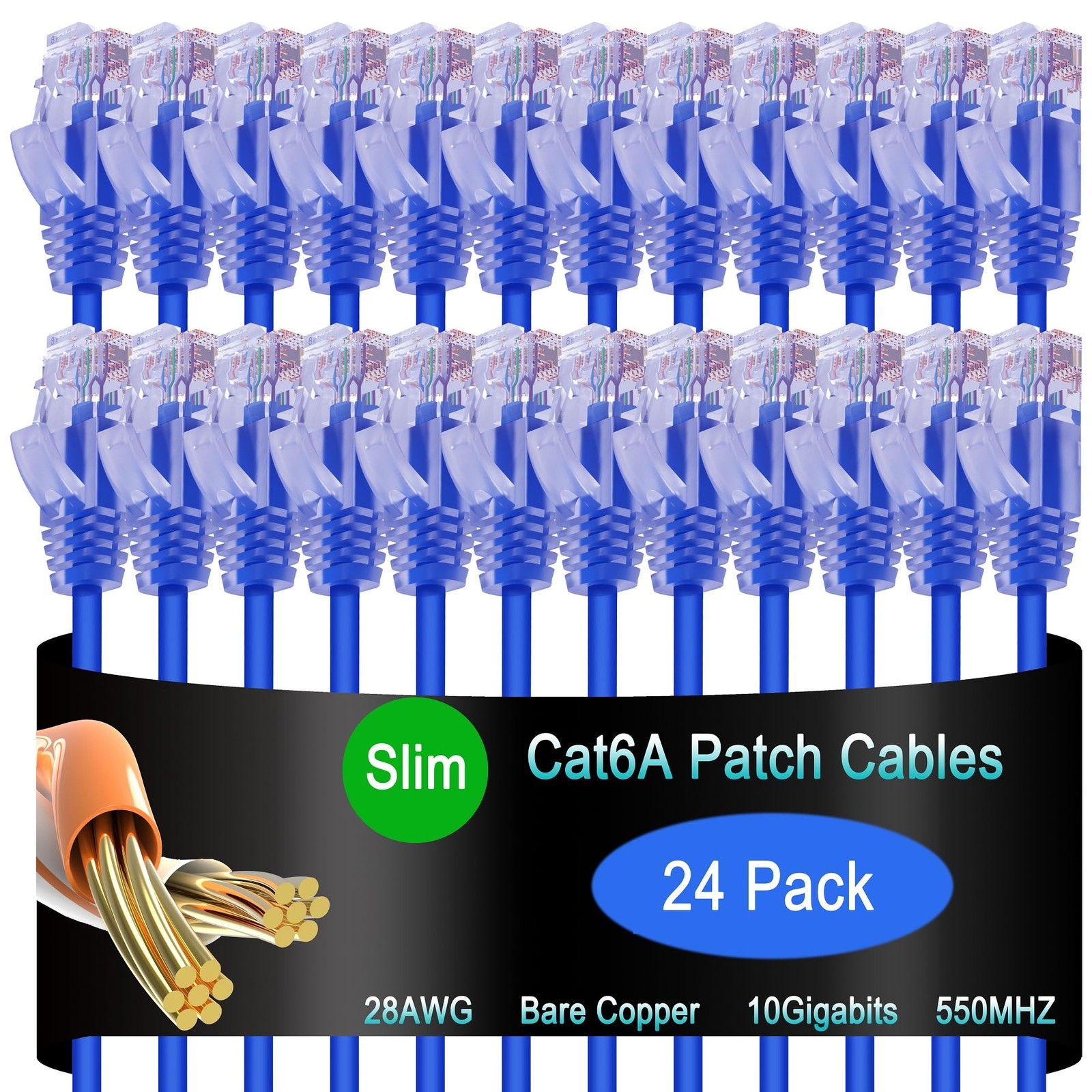 Lysymixs Cat6a Slim Ethernet Patch Cable 3 ft (24 Pack), 3ft, Blue