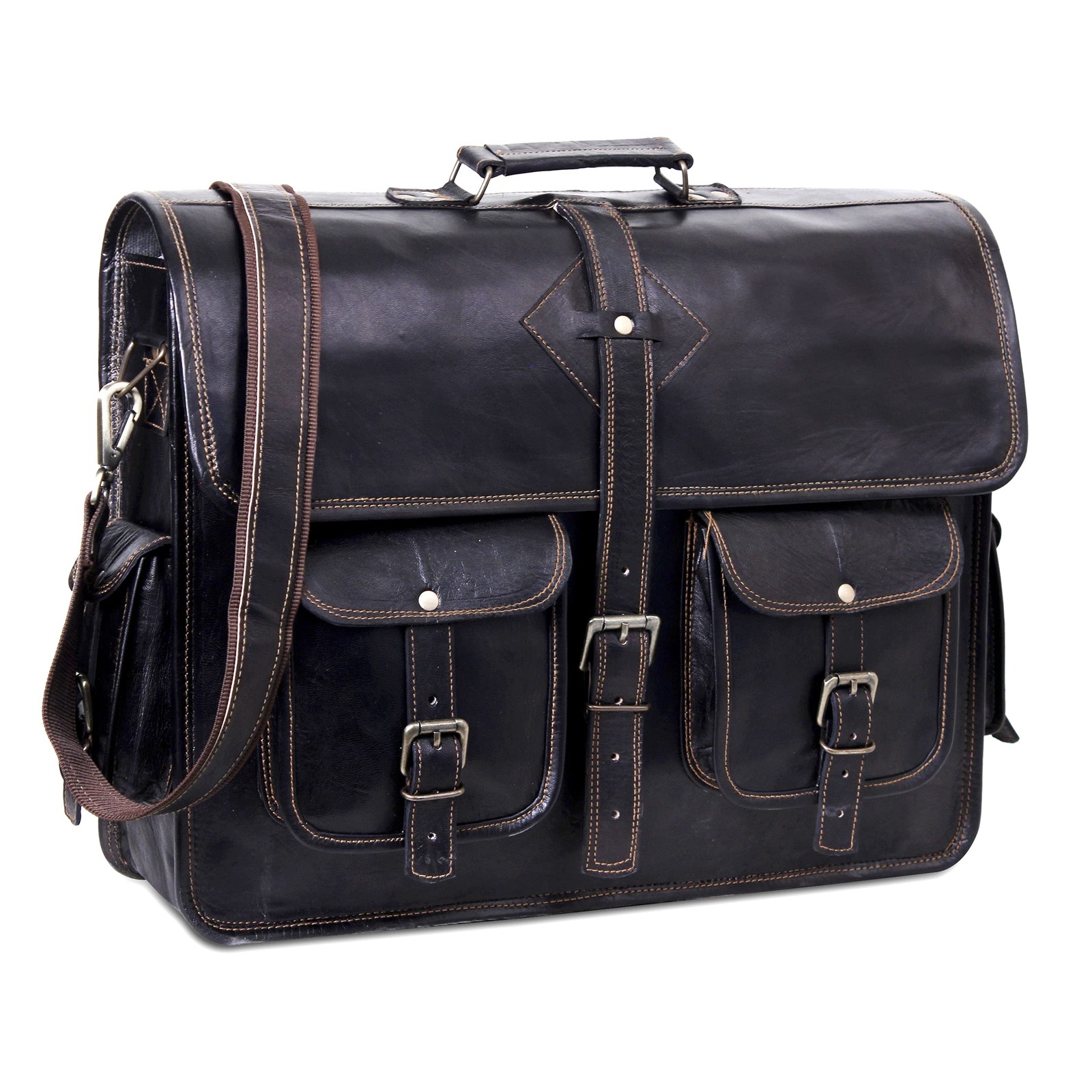 Black Leather Messenger Bag for Men and 18 Inch | Handmade Vintage Genuine Le...