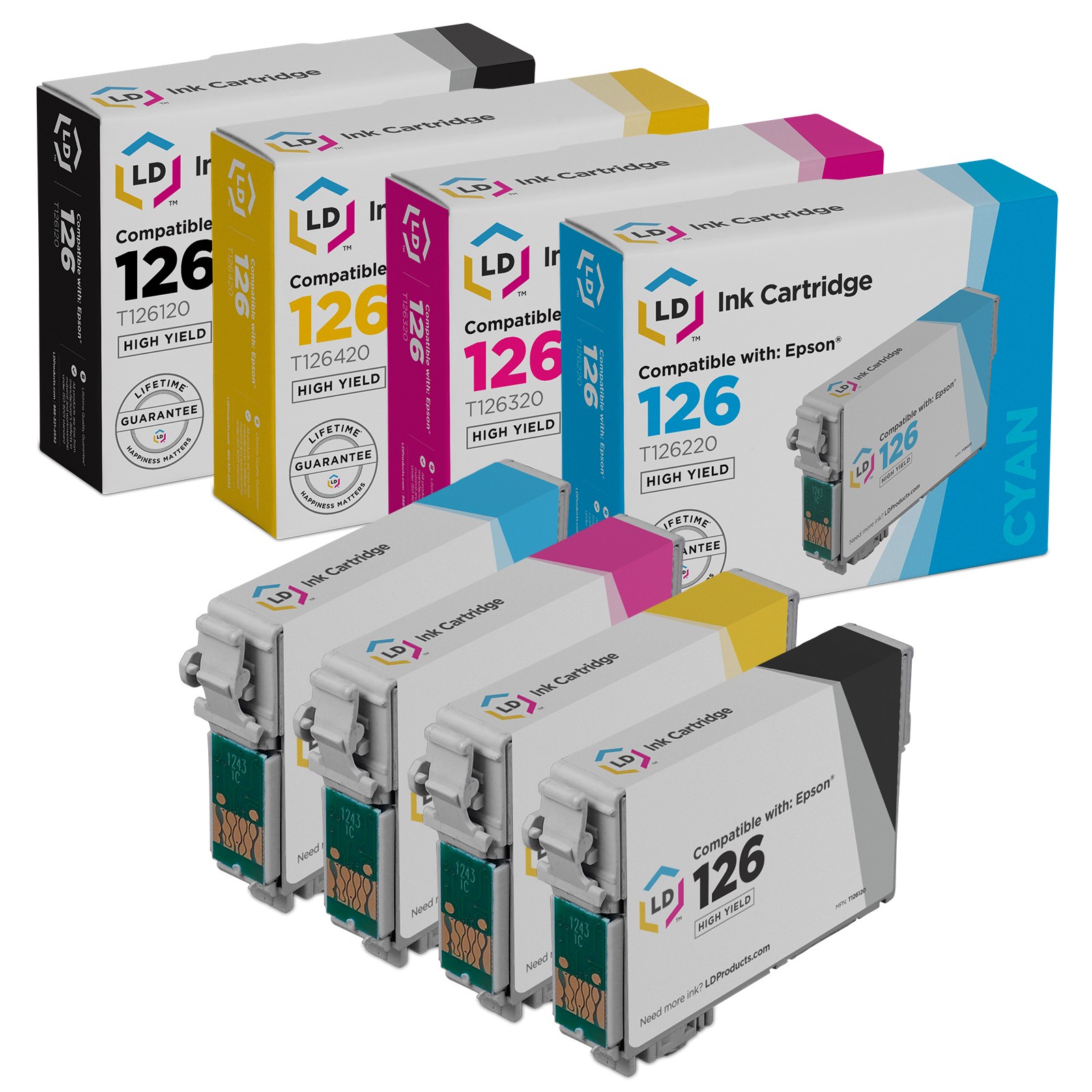LD Reman Ink Cartridge for Epson T126 126 4 Set: T126120 T126220 T126320 T126420